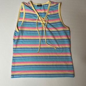 Vintage Tie Up V Neck Striped Tank Top Pastel